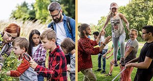 Ein Teambuilding-Programm in der Jugendherberge. Kinder halten ein Steil straff, sodass ein Mädchen darauf laufen kann. Ein Lehrer steht zur Unterstützung dabei und hält die Hand des Mädchens. 